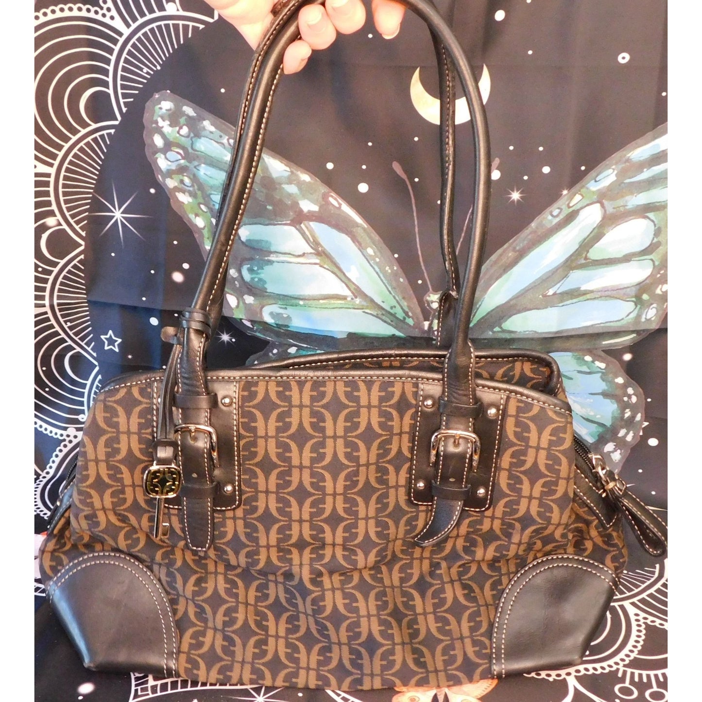 Fossil Black And Brown Monogram Shoulder Bag