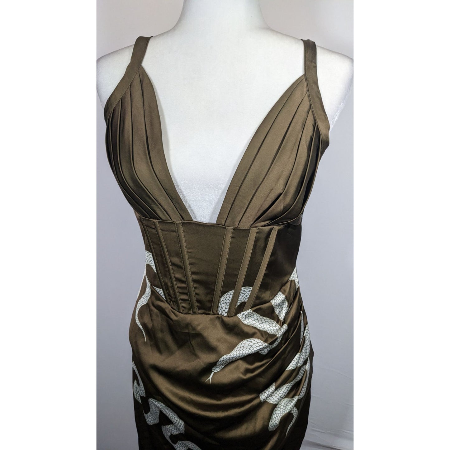 Averie Brown And White Snake Dress With Corset Bodice