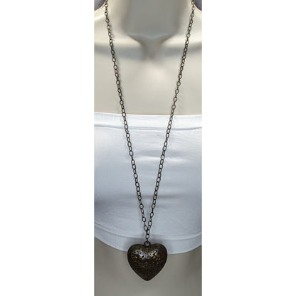 Victorian-Inspired Steampunk Heart Pendant Necklace With Brown Enamel Puffed Heart Pendant