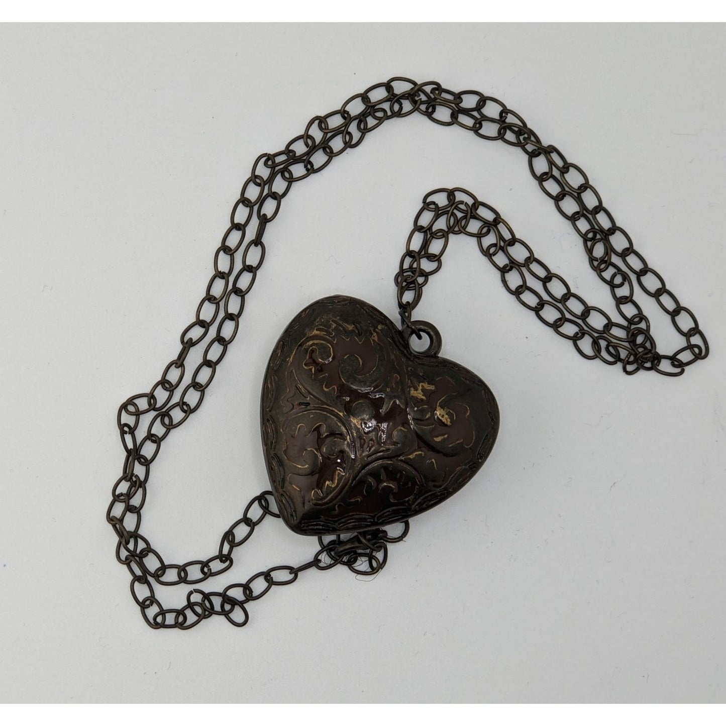 Victorian-Inspired Steampunk Heart Pendant Necklace With Brown Enamel Puffed Heart Pendant