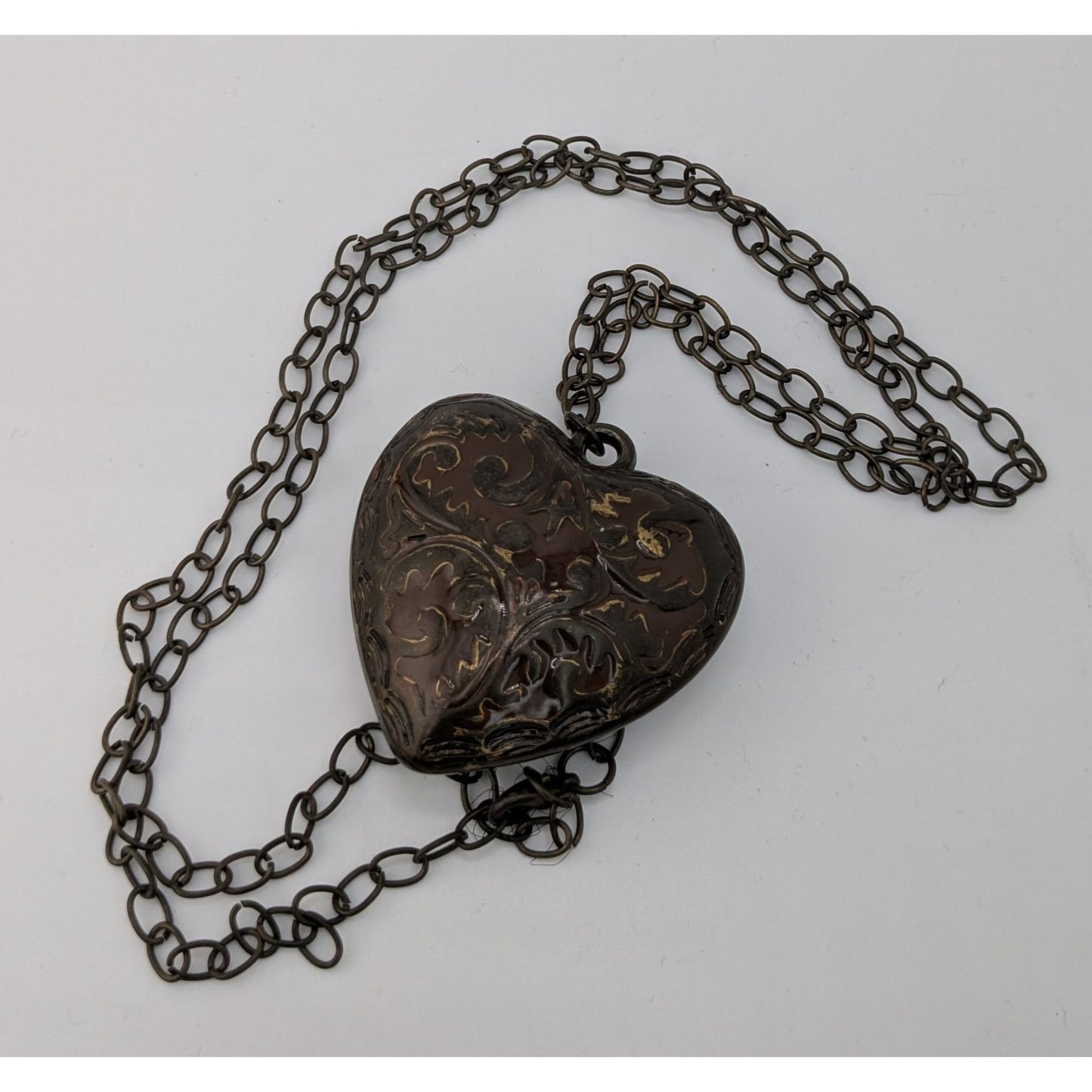 Victorian-Inspired Steampunk Heart Pendant Necklace With Brown Enamel Puffed Heart Pendant