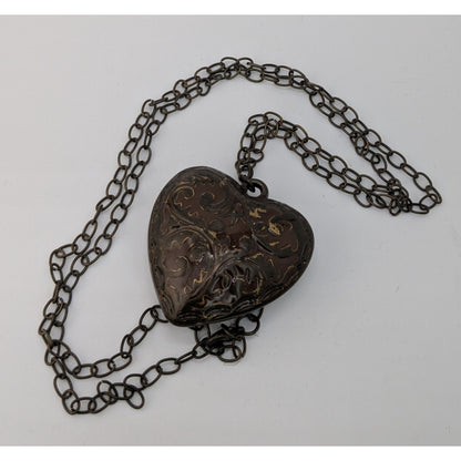 Victorian-Inspired Steampunk Heart Pendant Necklace With Brown Enamel Puffed Heart Pendant
