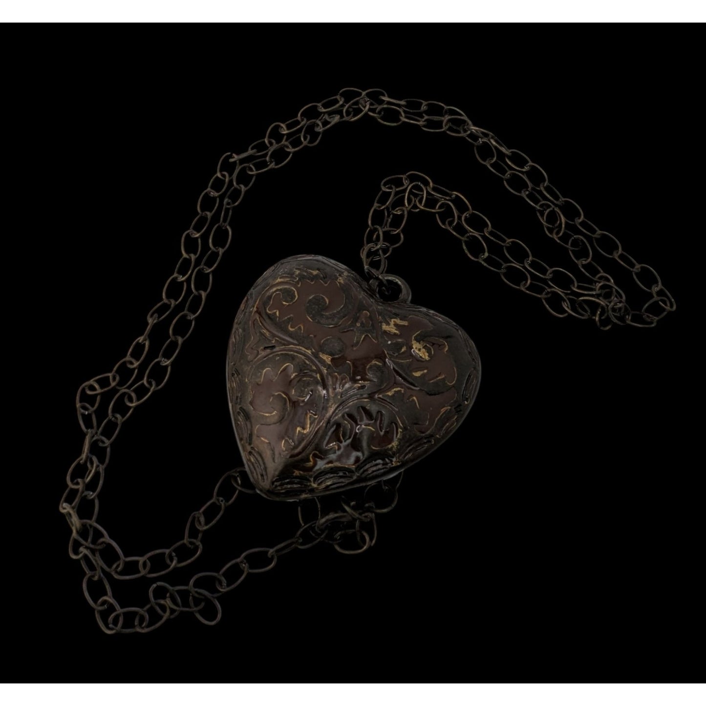 Victorian-Inspired Steampunk Heart Pendant Necklace With Brown Enamel Puffed Heart Pendant