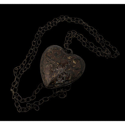Victorian-Inspired Steampunk Heart Pendant Necklace With Brown Enamel Puffed Heart Pendant