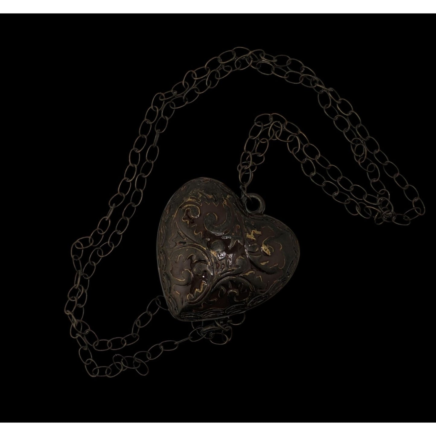Victorian-Inspired Steampunk Heart Pendant Necklace With Brown Enamel Puffed Heart Pendant