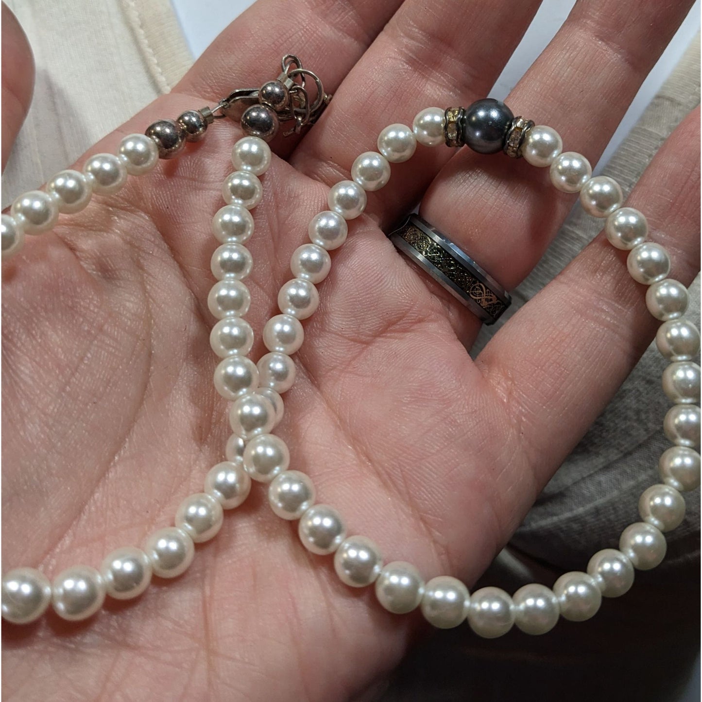 Elegant Handmade White And Silver Tone Faux Pearl Necklace With Sterling Clasp