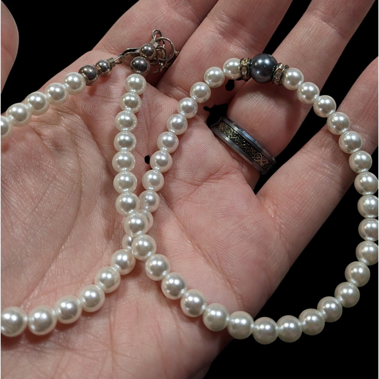 Elegant Handmade White And Silver Tone Faux Pearl Necklace With Sterling Clasp