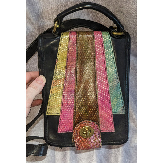 Boho Vintage USA Leather Crossbody Organizer Bag Black Patchwork Art Deco Handbag