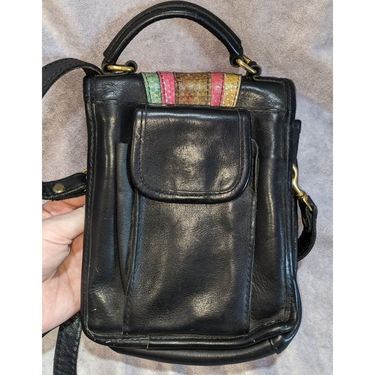 Boho Vintage USA Leather Crossbody Organizer Bag Black Patchwork Art Deco Handbag