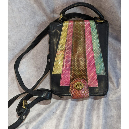 Boho Vintage USA Leather Crossbody Organizer Bag Black Patchwork Art Deco Handbag