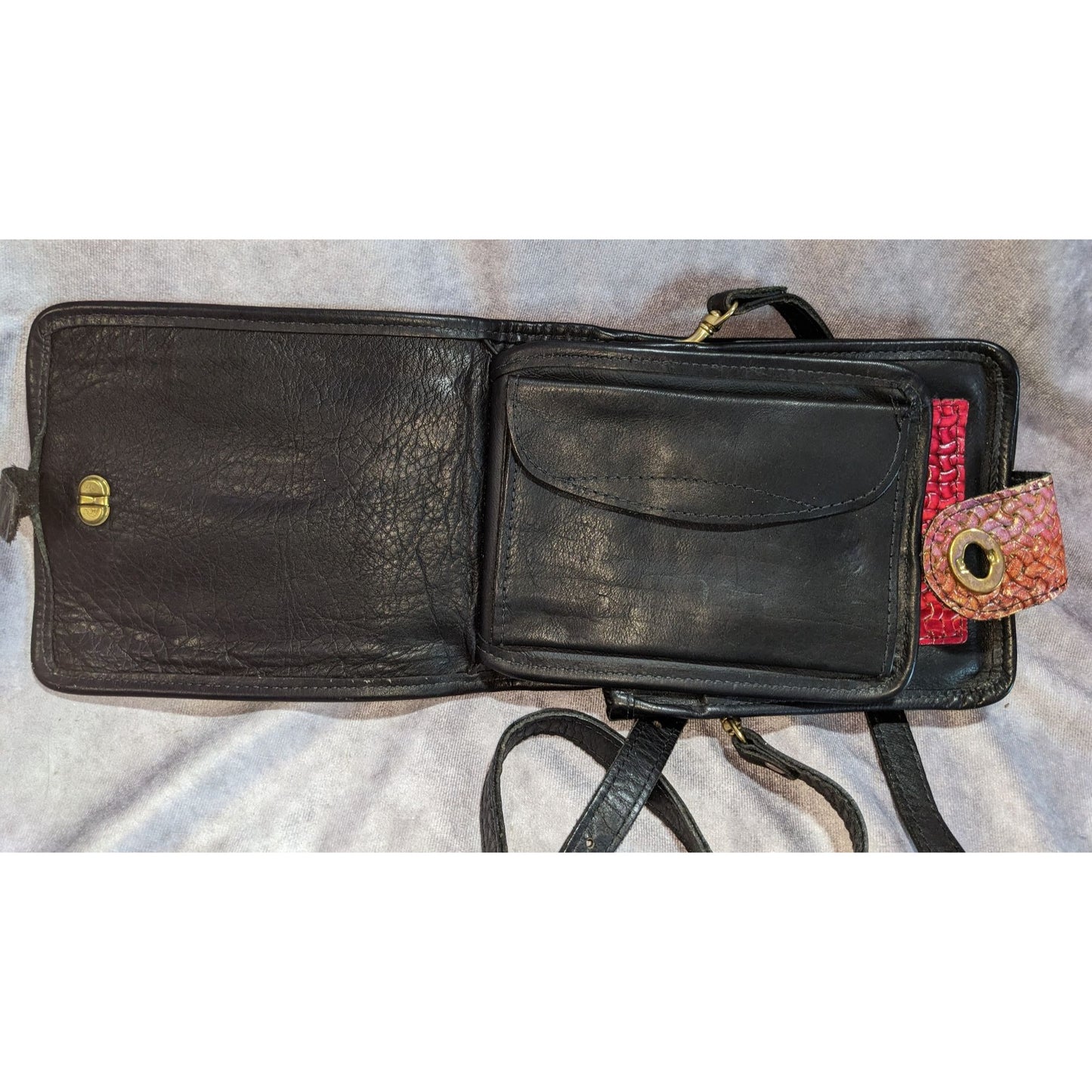 Boho Vintage USA Leather Crossbody Organizer Bag Black Patchwork Art Deco Handbag