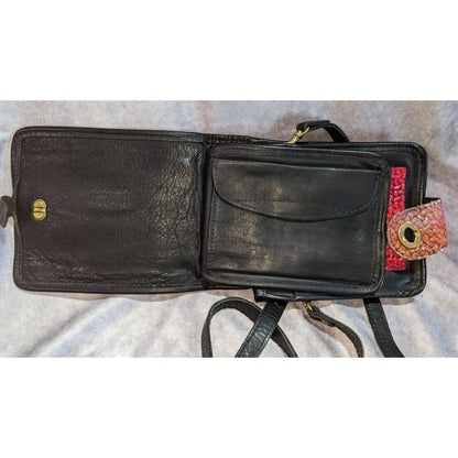Boho Vintage USA Leather Crossbody Organizer Bag Black Patchwork Art Deco Handbag