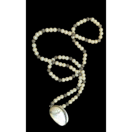 Vintage Mermaidcore Faux Pearl Silver Tone And Real Shell Pendant Necklace