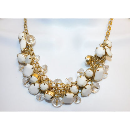 Retro White And Gold Tone Cluster Gem Necklace