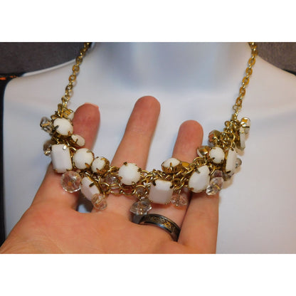 Retro White And Gold Tone Cluster Gem Necklace