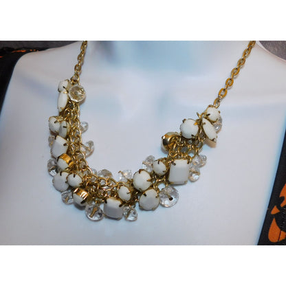 Retro White And Gold Tone Cluster Gem Necklace