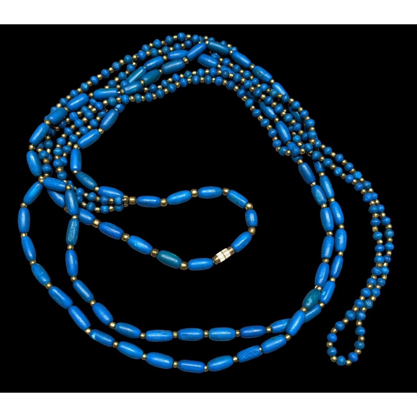 Vintage Dyed Blue Wood Bead Gold Spacer Multi Strand Bohemian Necklace