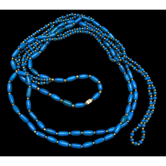 Vintage Dyed Blue Wood Bead Gold Spacer Multi Strand Bohemian Necklace