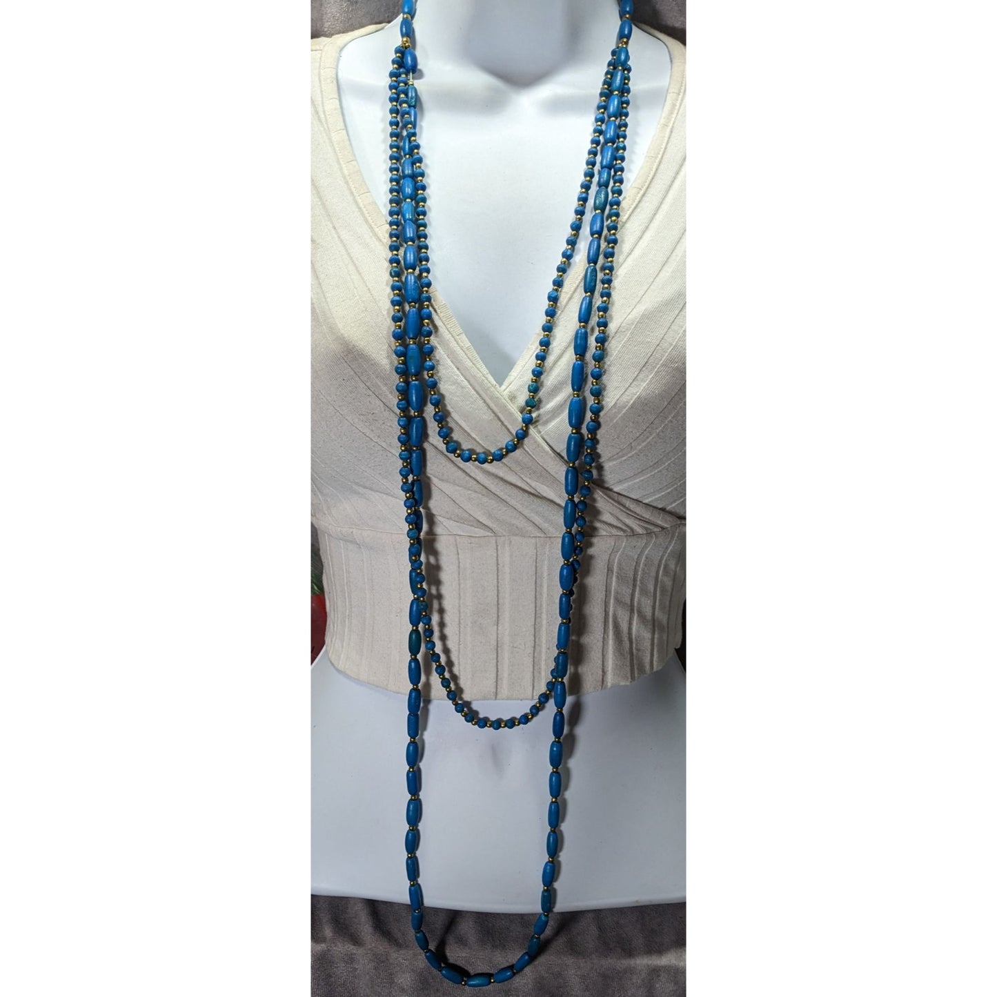 Vintage Dyed Blue Wood Bead Gold Spacer Multi Strand Bohemian Necklace