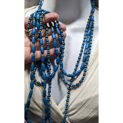 Vintage Dyed Blue Wood Bead Gold Spacer Multi Strand Bohemian Necklace