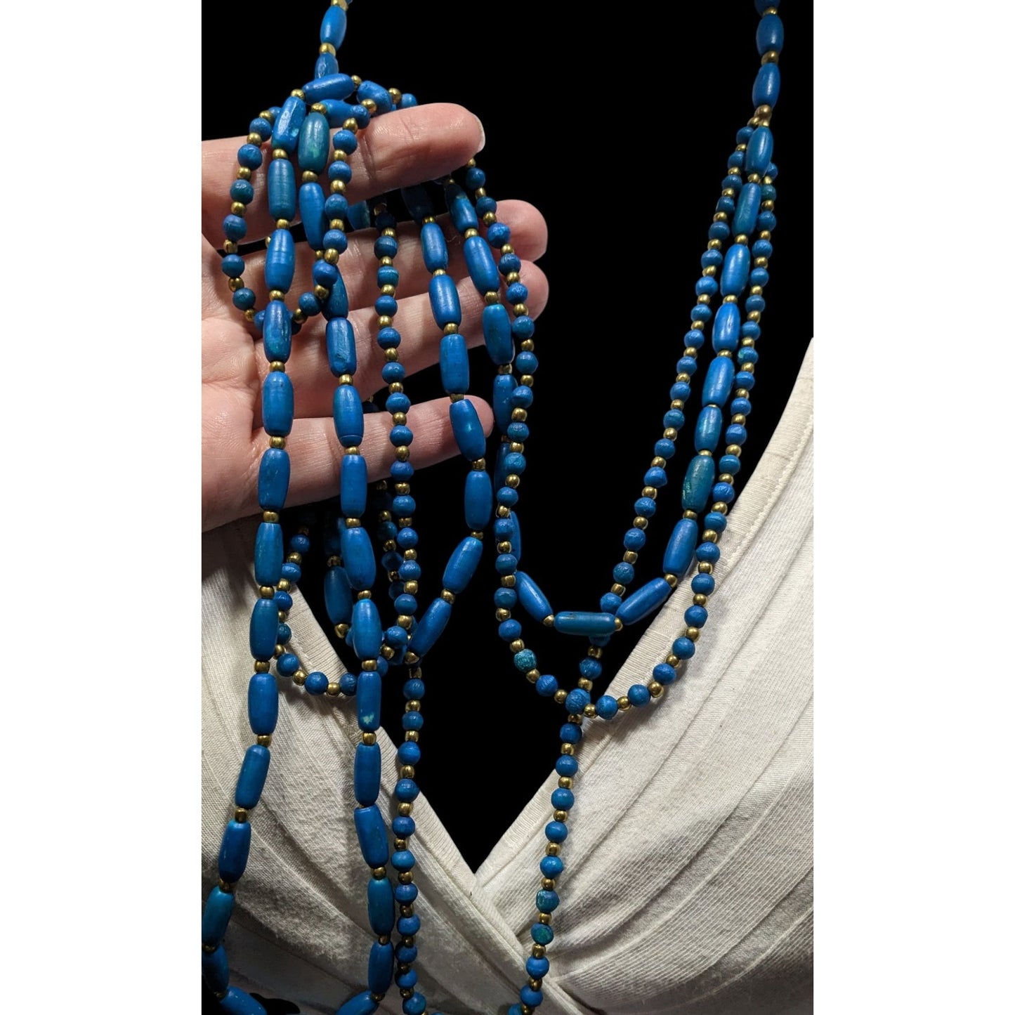 Vintage Dyed Blue Wood Bead Gold Spacer Multi Strand Bohemian Necklace