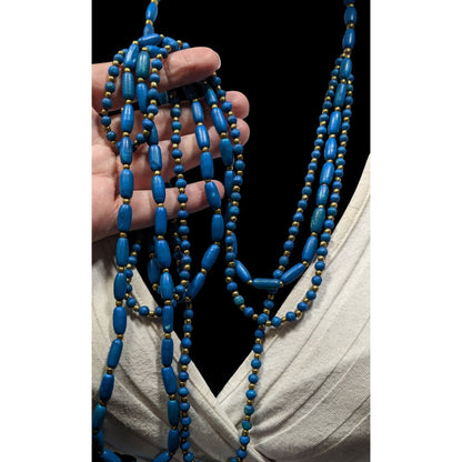 Vintage Dyed Blue Wood Bead Gold Spacer Multi Strand Bohemian Necklace