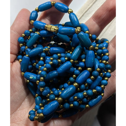 Vintage Dyed Blue Wood Bead Gold Spacer Multi Strand Bohemian Necklace