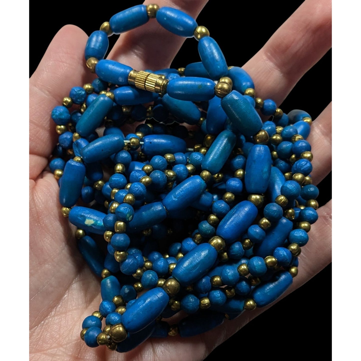 Vintage Dyed Blue Wood Bead Gold Spacer Multi Strand Bohemian Necklace