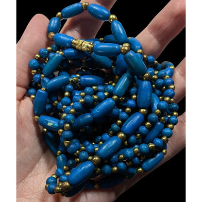 Vintage Dyed Blue Wood Bead Gold Spacer Multi Strand Bohemian Necklace