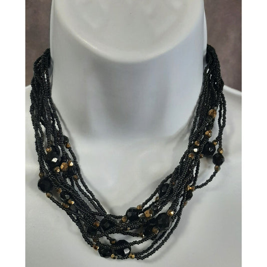 Glam Goth Black And Gold Tone Glass Multi-Strand Beaded Statement Necklace
