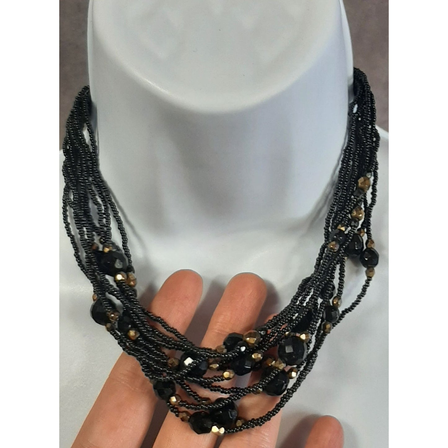 Glam Goth Black And Gold Tone Glass Multi-Strand Beaded Statement Necklace
