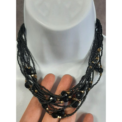 Glam Goth Black And Gold Tone Glass Multi-Strand Beaded Statement Necklace