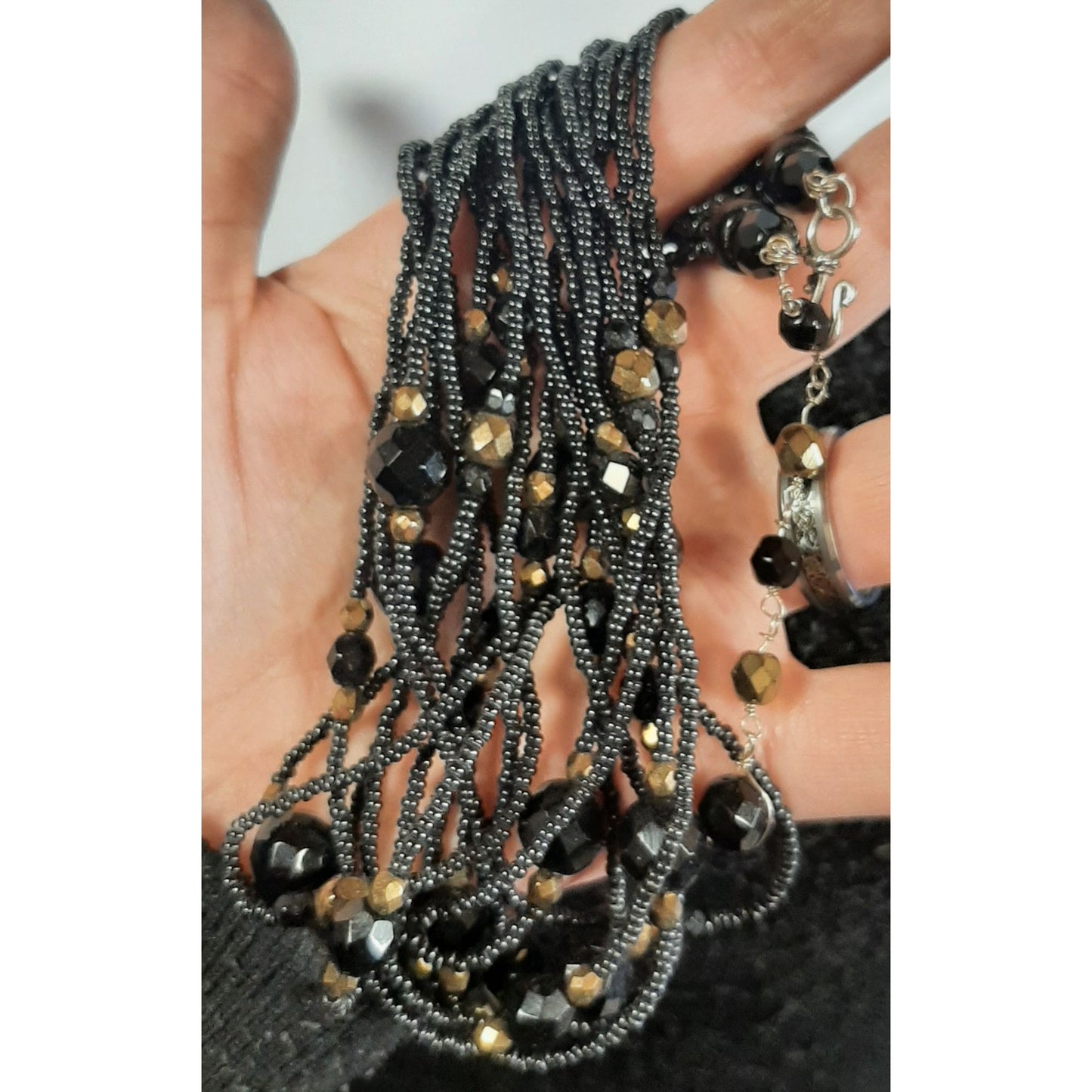 Glam Goth Black And Gold Tone Glass Multi-Strand Beaded Statement Necklace