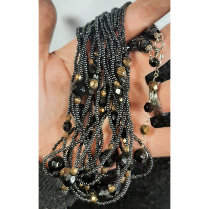 Glam Goth Black And Gold Tone Glass Multi-Strand Beaded Statement Necklace