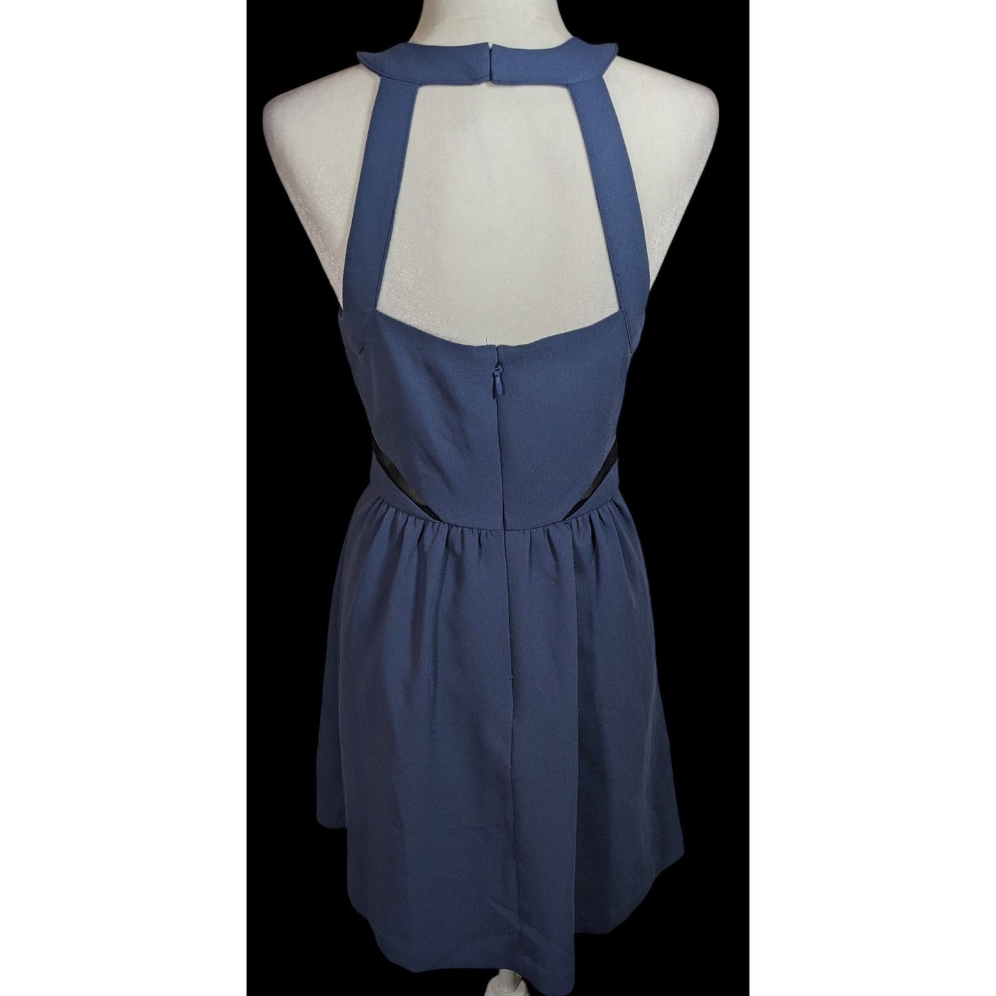 BCBGeneration Blue Open Back Dress With Black Mesh Cutouts
