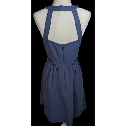 BCBGeneration Blue Open Back Dress With Black Mesh Cutouts