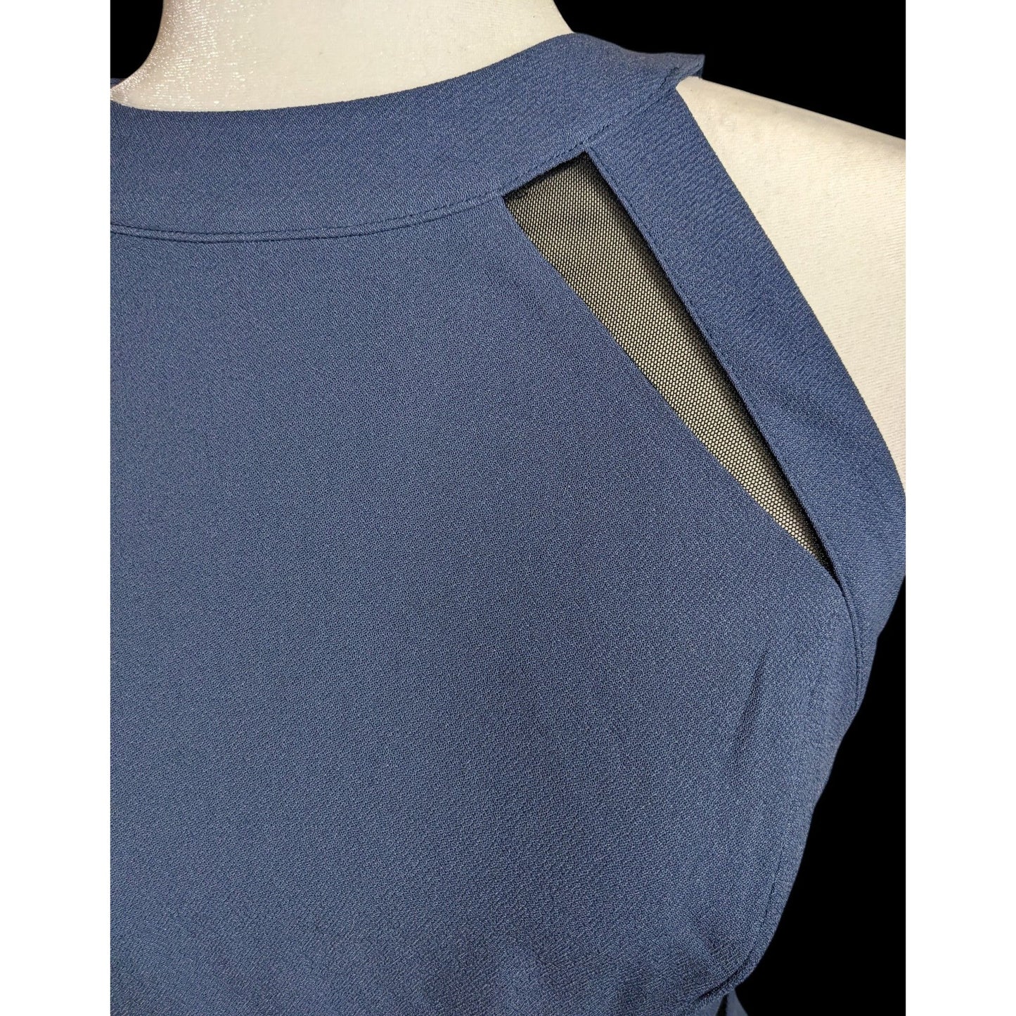 BCBGeneration Blue Open Back Dress With Black Mesh Cutouts
