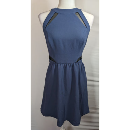 BCBGeneration Blue Open Back Dress With Black Mesh Cutouts