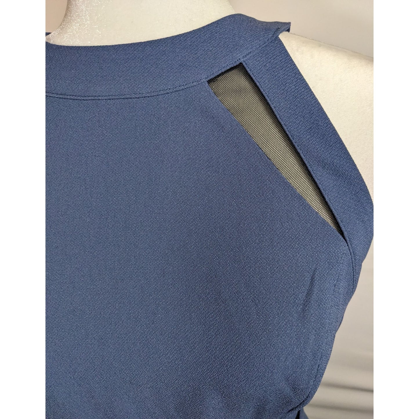 BCBGeneration Blue Open Back Dress With Black Mesh Cutouts