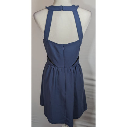 BCBGeneration Blue Open Back Dress With Black Mesh Cutouts