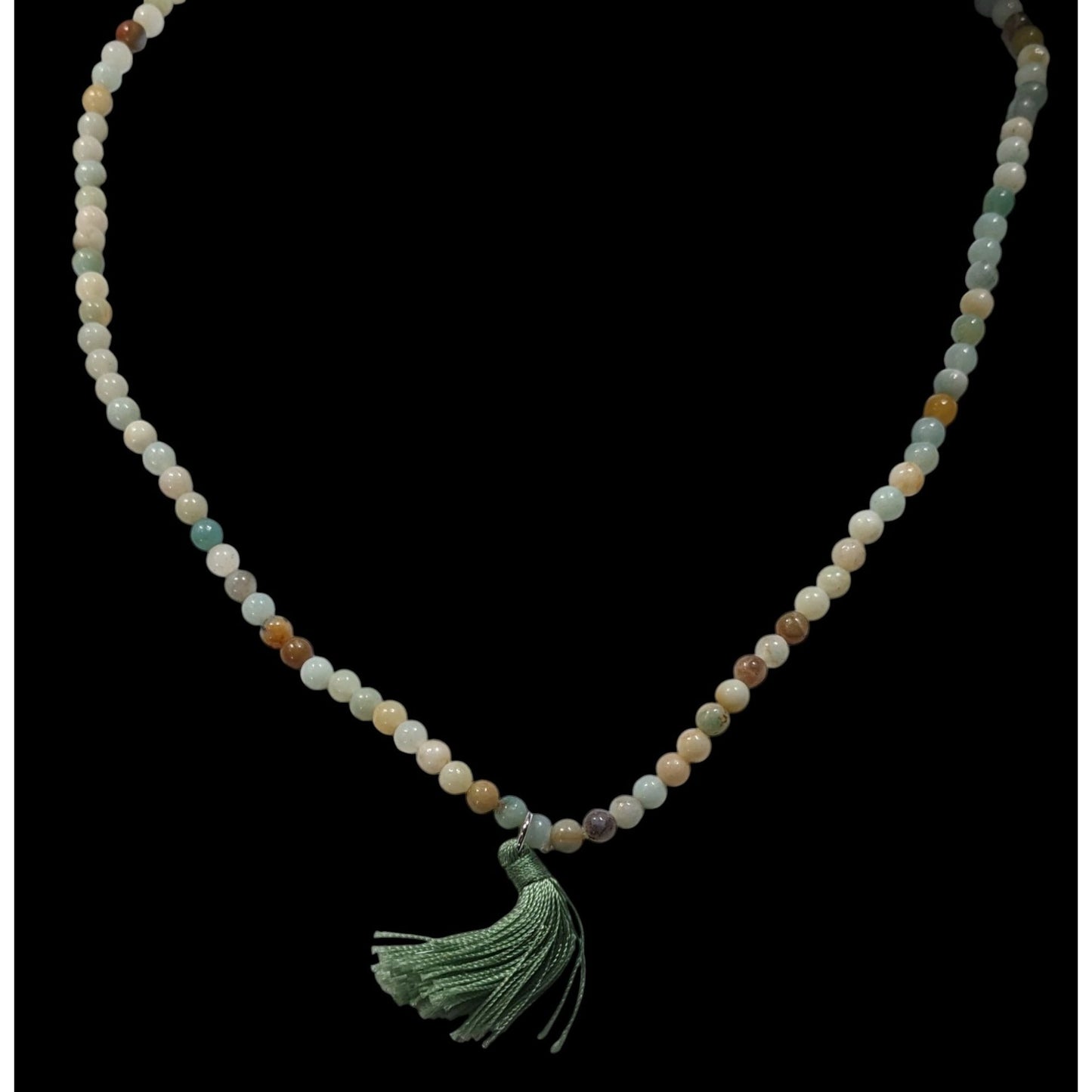 Earthy Amazonite Beaded Stretch Necklace With Thread Tassel