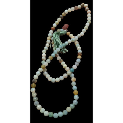 Earthy Amazonite Beaded Stretch Necklace With Thread Tassel
