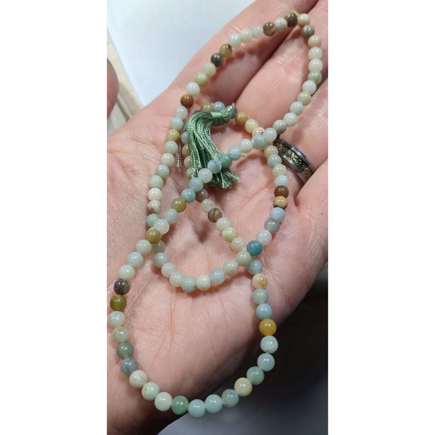 Earthy Amazonite Beaded Stretch Necklace With Thread Tassel