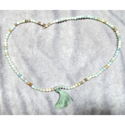 Earthy Amazonite Beaded Stretch Necklace With Thread Tassel