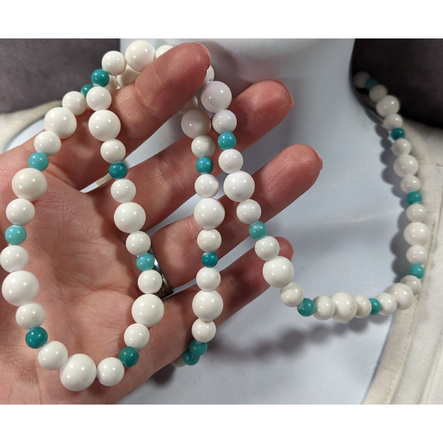 Vintage White And Blue Glass/Stone Beaded Necklace