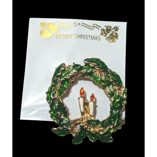 Vintage Green And Gold Enamel Holiday Wreath Brooch