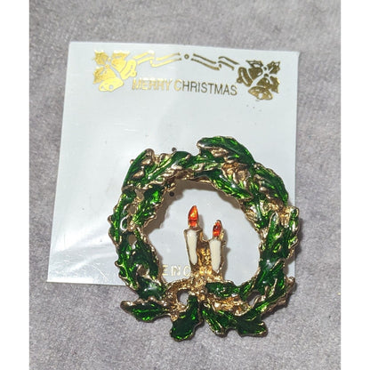 Vintage Green And Gold Enamel Holiday Wreath Brooch