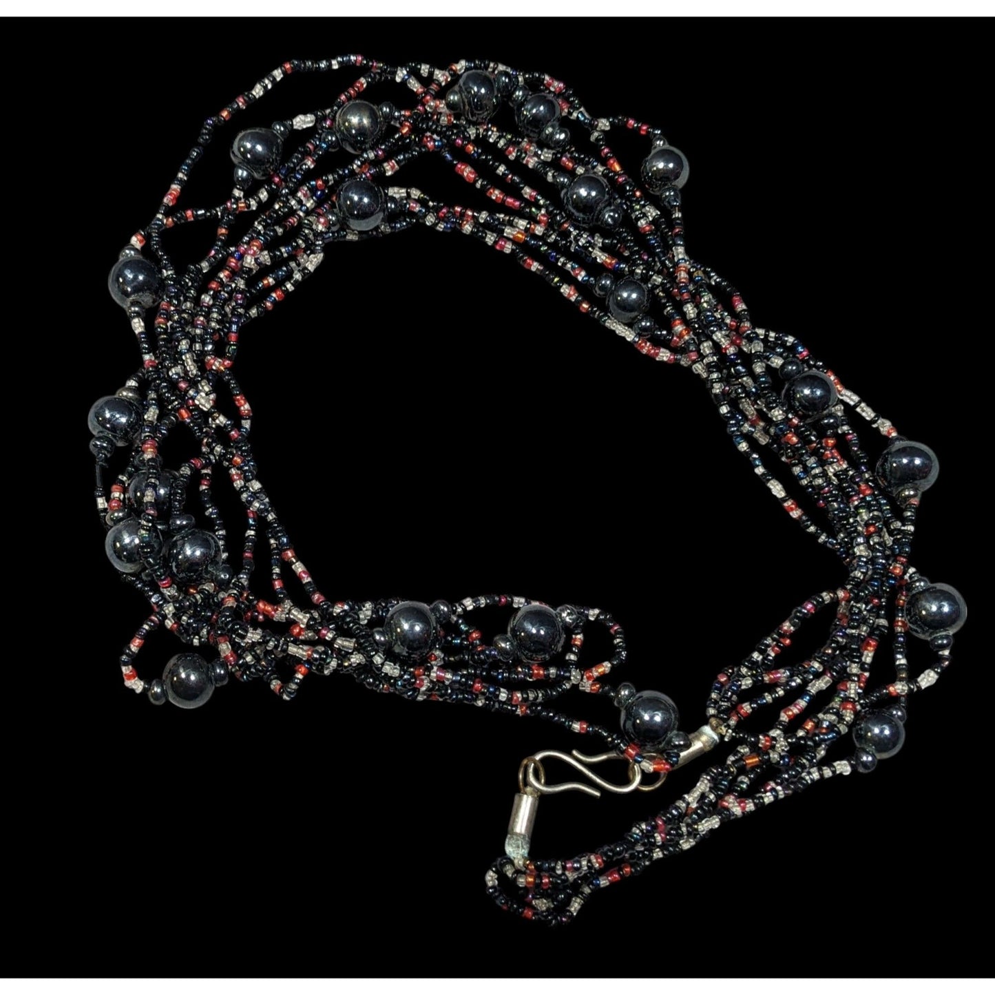 Vintage Elegant Black Red And Clear Glass Beaded Multilayer Necklace