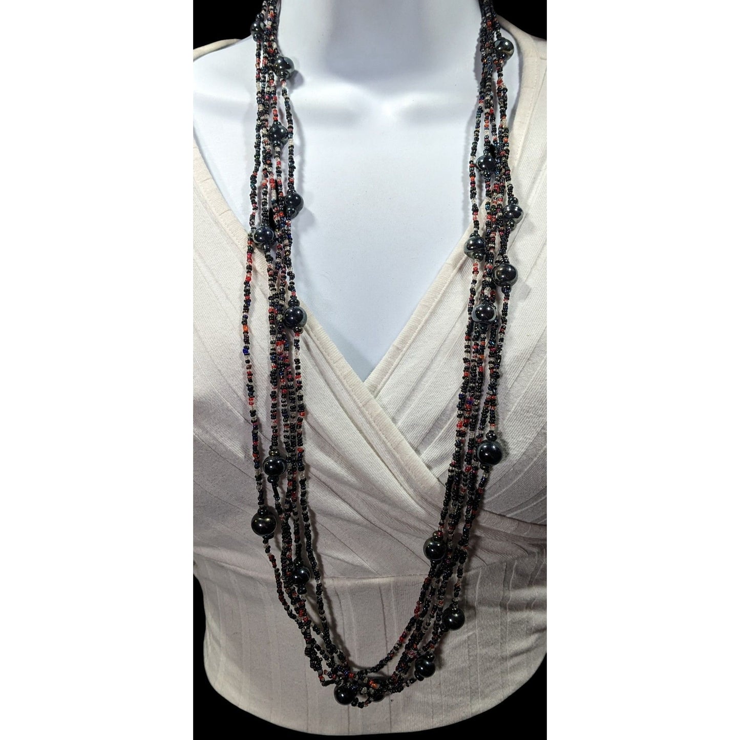 Vintage Elegant Black Red And Clear Glass Beaded Multilayer Necklace