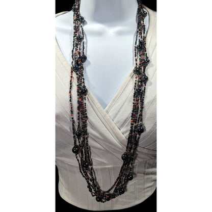 Vintage Elegant Black Red And Clear Glass Beaded Multilayer Necklace